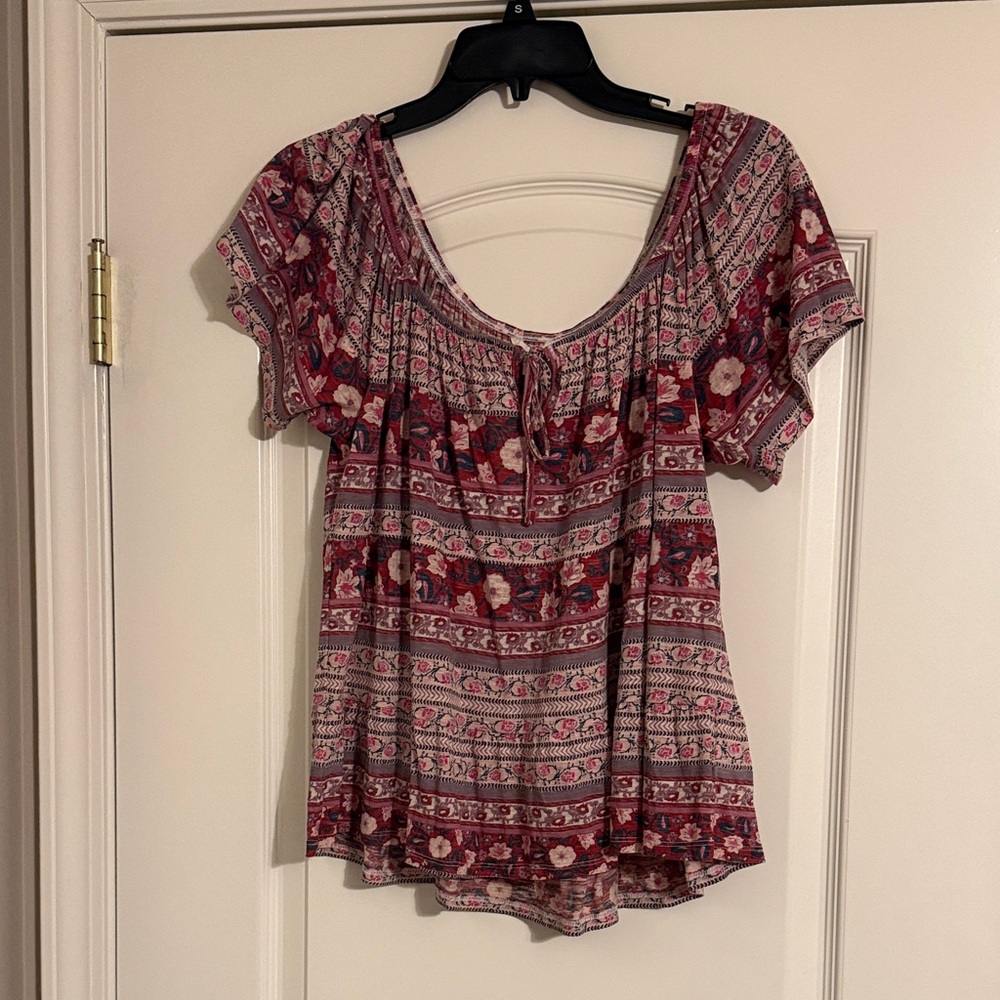 Lucky Brand Maroon and Pink Patterned Blouse